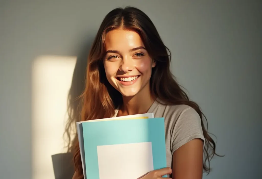 young student with prep material and happy