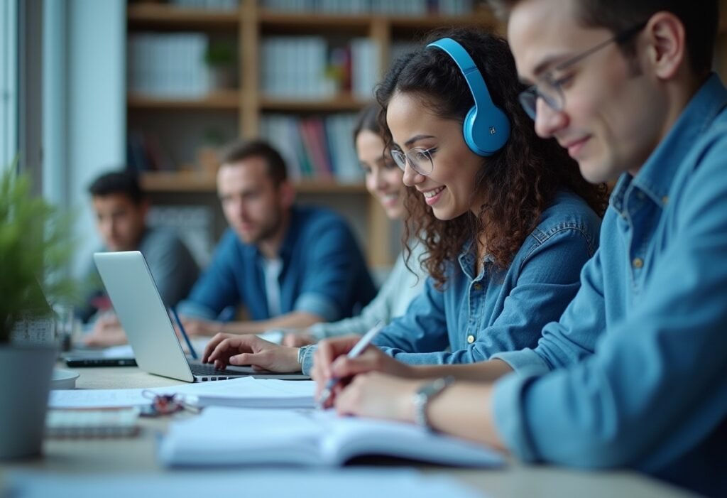 Student with headphones taking notes while listening on computer,